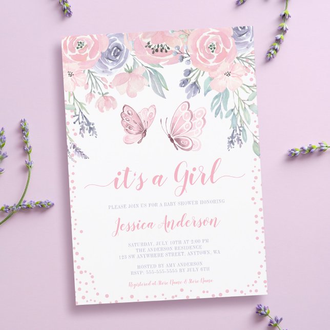 Convite Chá de Bebê Menina Borboleta Floral Rosa Roxo (Criador carregado)