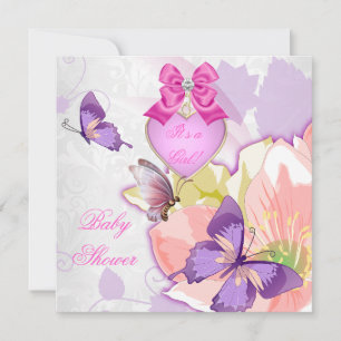 Convite Chá de Bebê Menina Borboleta Rosa Floral Roxo
