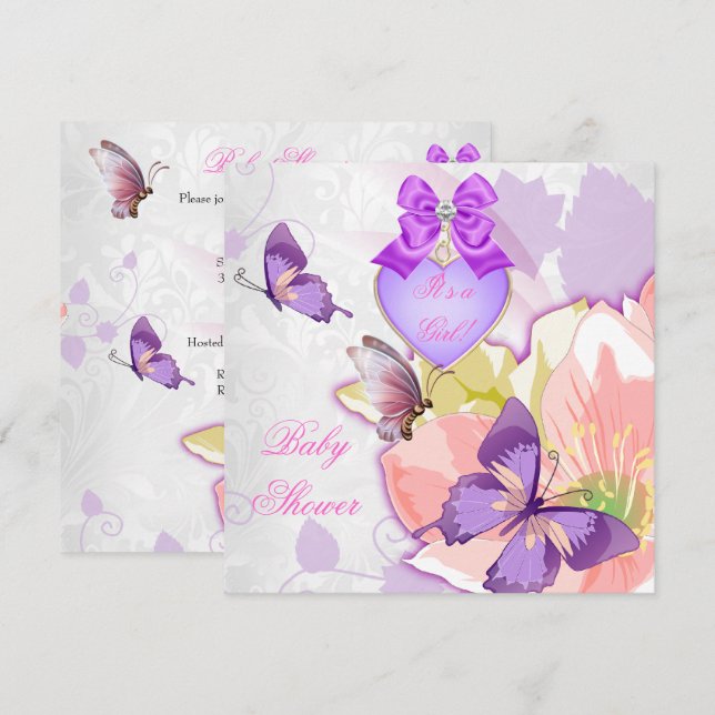Convite Chá de Bebê Menina Borboleta Rosa Floral Roxo 2 (Frente/Verso)
