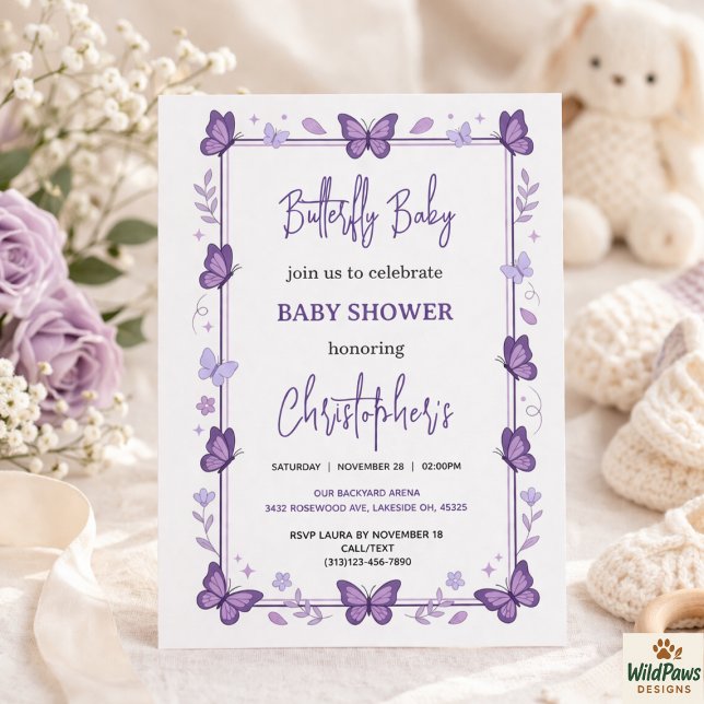 Convite Chá de Bebê Menina Borboleta Roxa (Purple Butterfly Baby Girl Baby Shower Invitation
)