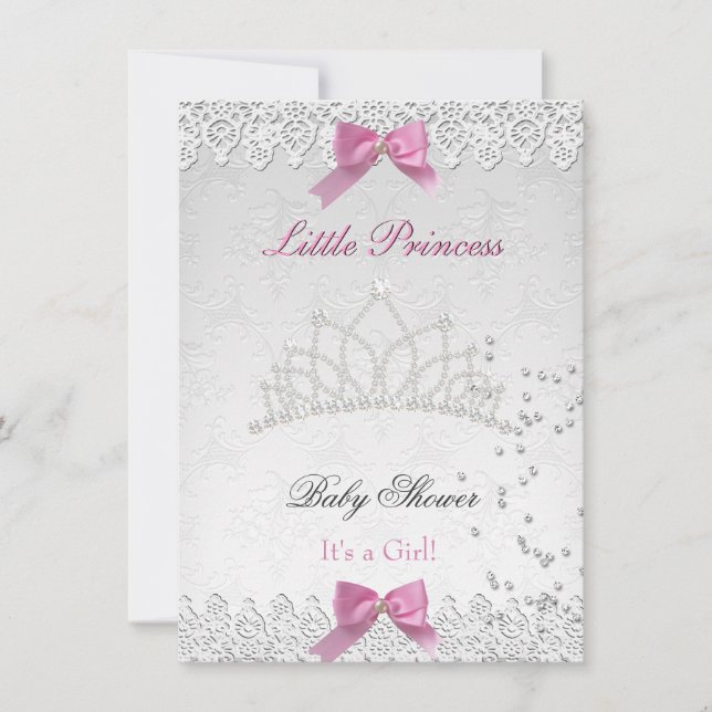 Convite Chá de Bebê Menina Branco Rosa Princesa Damasco 2 (Frente)