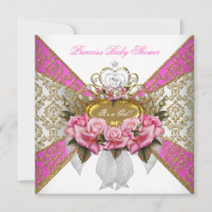 Convite Chá de Bebê Menina Branco Rosa Princesa Damasco Ro