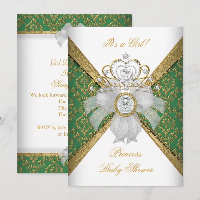 Convite Chá de Bebê Menina Branco Verde Princesa Damasco (Frente/Verso)