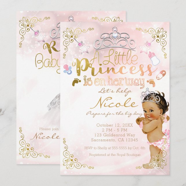 Convite Chá de Bebê Menina Brilho Rosa Uma Pequena Princes (Frente/Verso)