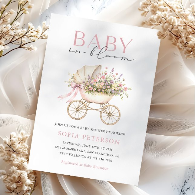 Convite Chá de Bebê Menina Carrinho de Bebê Floral Pastel (Criador carregado)