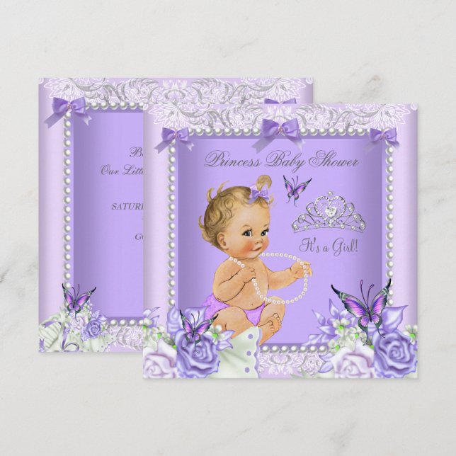 Convite Chá de Bebê Menina Cinza Lavanda Bebê Loura (Frente/Verso)
