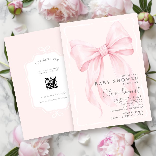 Convite Chá de Bebê Menina com Arco Rosa em Aquarela com C (Pink Bow Baby Shower with QR Code for Baby Registry)