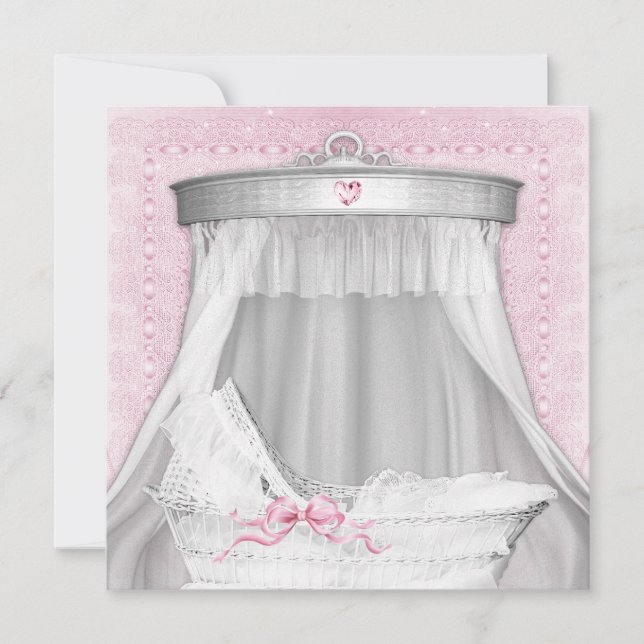 Convite Chá de Bebê Menina com Berço Rosa (Frente)