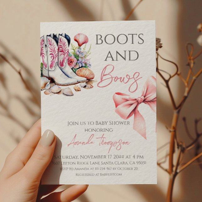 Convite Chá de Bebê Menina com Botas e Laços Rosa Western (Criador carregado)