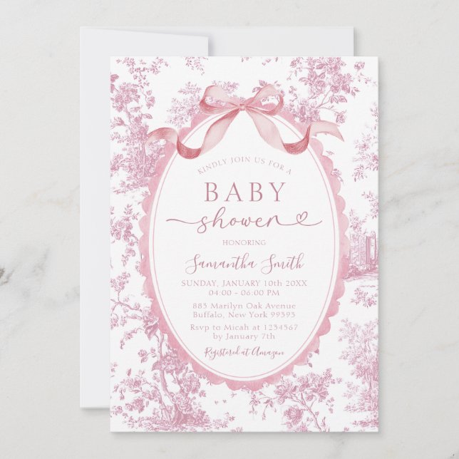 Convite Chá de Bebê Menina com Floral Chinoiserie Rosa e L (Frente)
