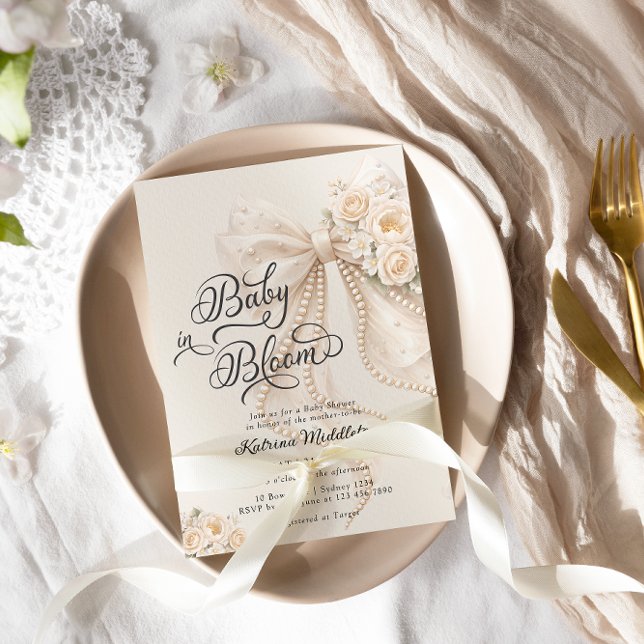 Convite Chá de Bebê Menina com Laço Baby in Bloom (Criador carregado)