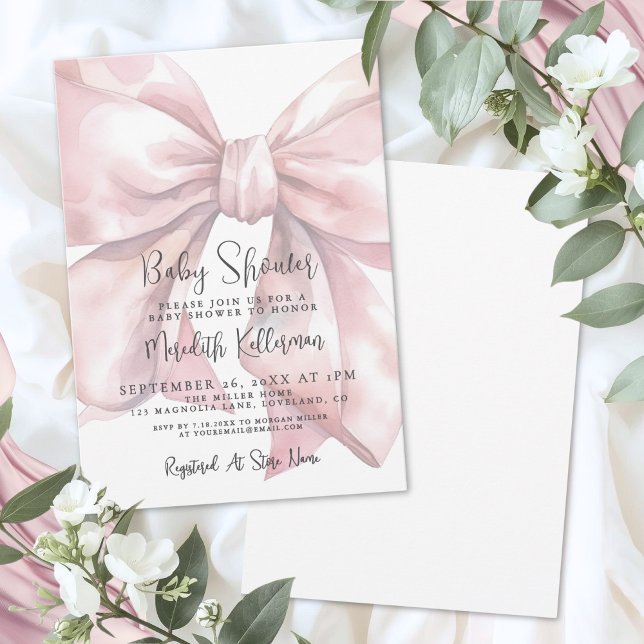 Convite Chá de Bebê Menina com Laço Rosa (Pink Bow Girl Baby Shower Invitation)