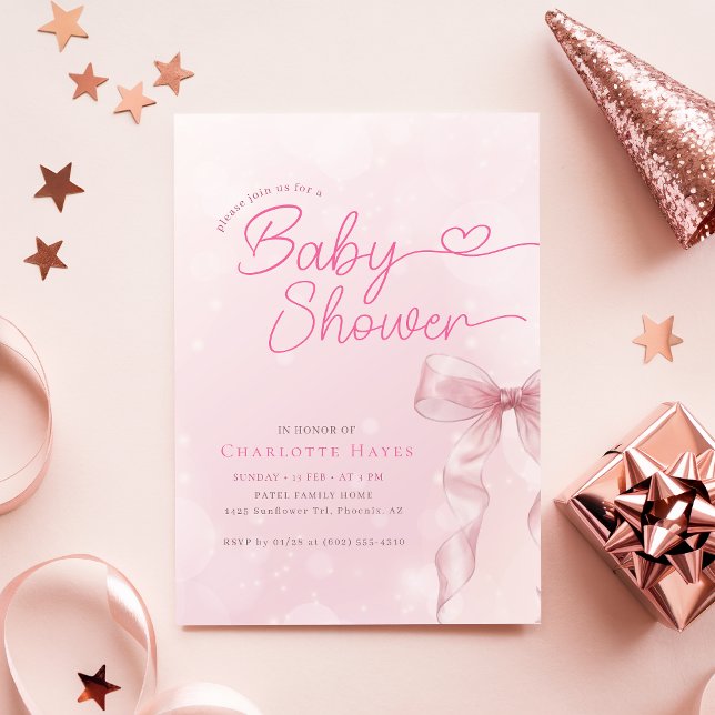 Convite Chá de Bebê Menina com Laço Rosa Blush (Criador carregado)
