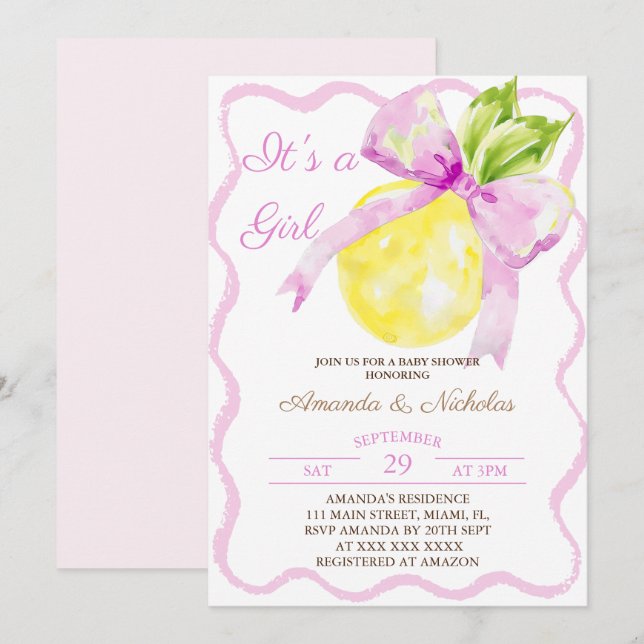 Convite Chá de Bebê Menina com Laço Rosa e Citrino (Frente/Verso)