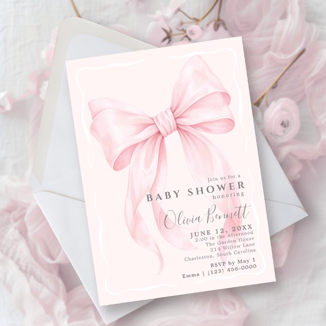 Convite Chá de Bebê Menina com Laço Rosa em Aquarela (Coquette Bow Theme Watercolor Design Baby Shower Invite
)