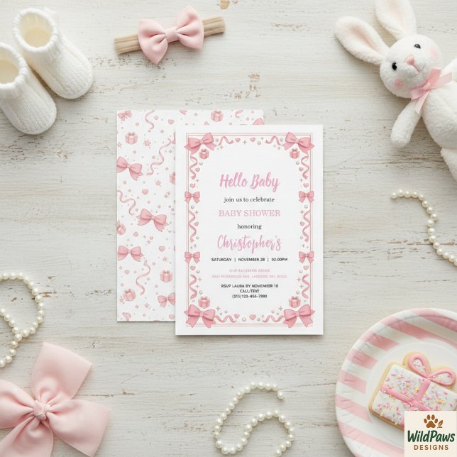 Convite Chá de Bebê Menina com Laço Rosa - Festa Divertida (Pink Bow Girl Baby Shower – Cute & Fun Party Invitation
)