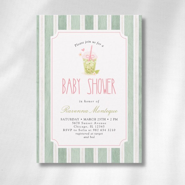 Convite Chá de Bebê Menina com Matcha Listrado Sage (Criador carregado)