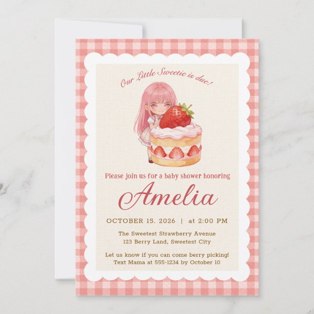 Convite Chá de Bebê Menina com Morango Doce Aquarela (Frente)