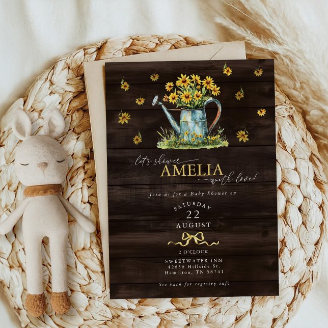Convite Chá de Bebê Menina com Regador Floral Rústico (Rustic Floral Watering Can Baby Girl Shower Invitation)
