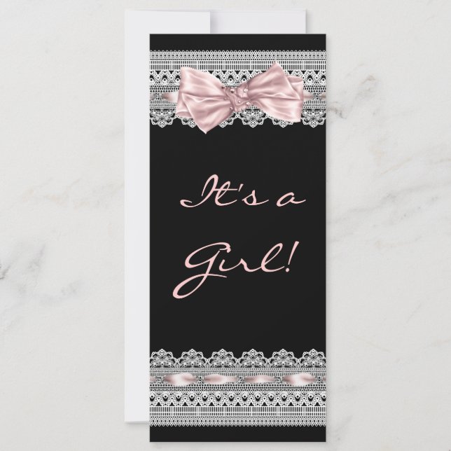 Convite Chá de Bebê Menina com Renda Branca Rosa e Preto (Frente)