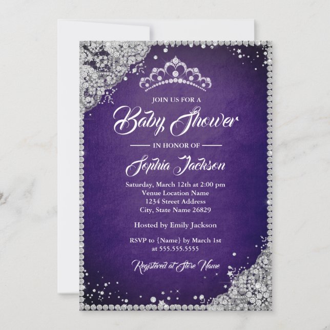 Convite Chá de Bebê Menina com Renda de Diamante Roxo Prat (Frente)
