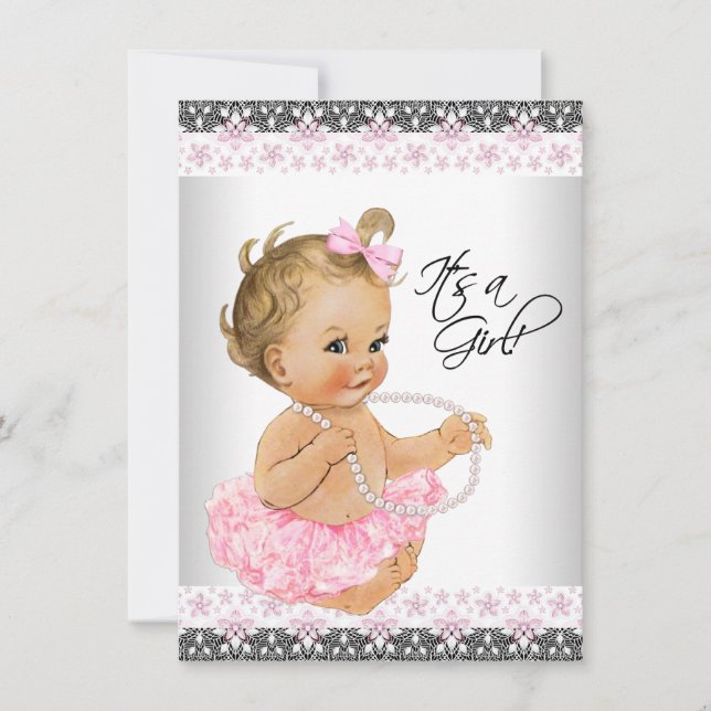 Convite Chá de Bebê Menina com Renda Rosa e Cinza (Frente)