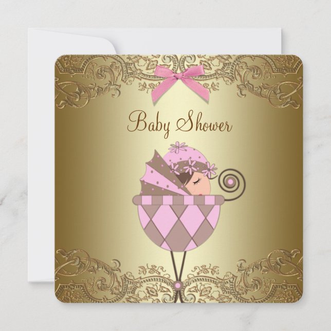 Convite Chá de Bebê Menina com Renda Rosa e Dourado (Frente)