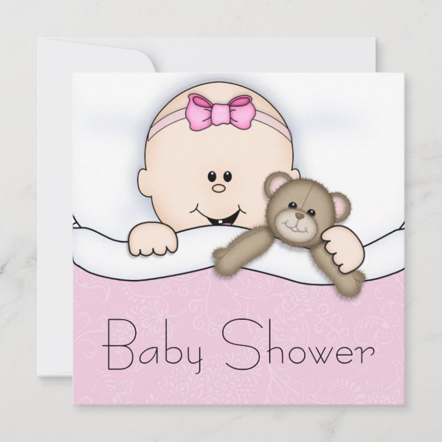 Convite Chá de Bebê Menina com Urso Teddy Rosa (Frente)