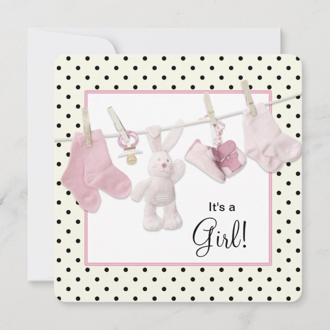 Convite Chá de Bebê Menina com Varal de Roupa Rosa (Frente)