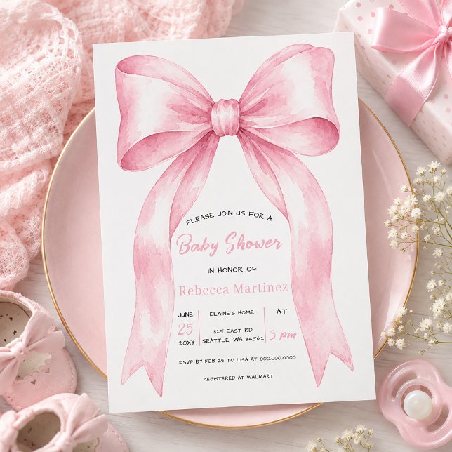 Convite Chá de Bebê Menina Coquete Laço Rosa (Pink Bow Coquette Girl Baby Shower Invitation)