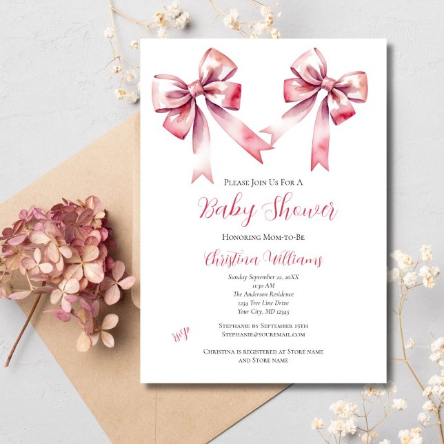 Convite Chá de Bebê Menina Coquete Laço Rosa (Pink Bow Coquette Aesthetic Baby Girl Baby Shower Invitation. Printed or Digital Download )