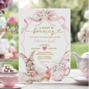 Convite Chá de Bebê Menina Coquete Rosa Pérola Brewing Bun