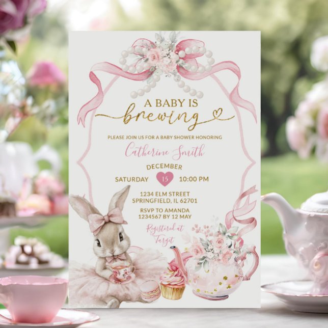 Convite Chá de Bebê Menina Coquete Rosa Pérola Brewing Bun (Criador carregado)