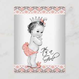 Convite Chá de Bebê Menina Coral e Cinza Vintage