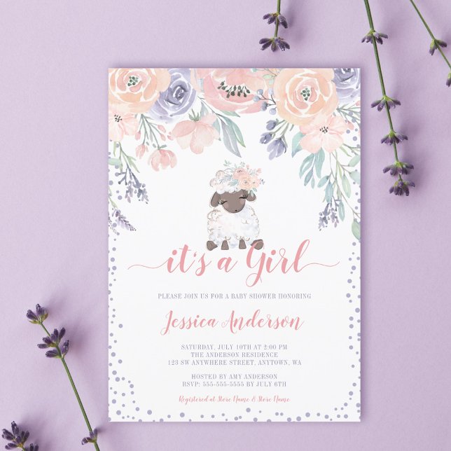 Convite Chá de Bebê Menina Cordeiro Floral Rosa Roxo (Criador carregado)