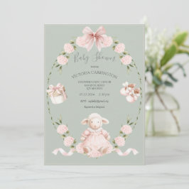 Convite Chá de Bebê Menina Cordeiro Hydrangeas Rosa Sage