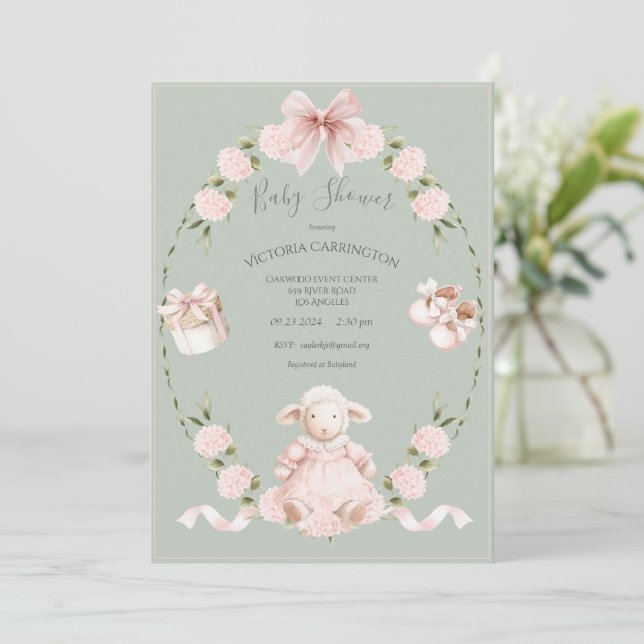 Convite Chá de Bebê Menina Cordeiro Hydrangeas Rosa Sage (Em pé/Frente)