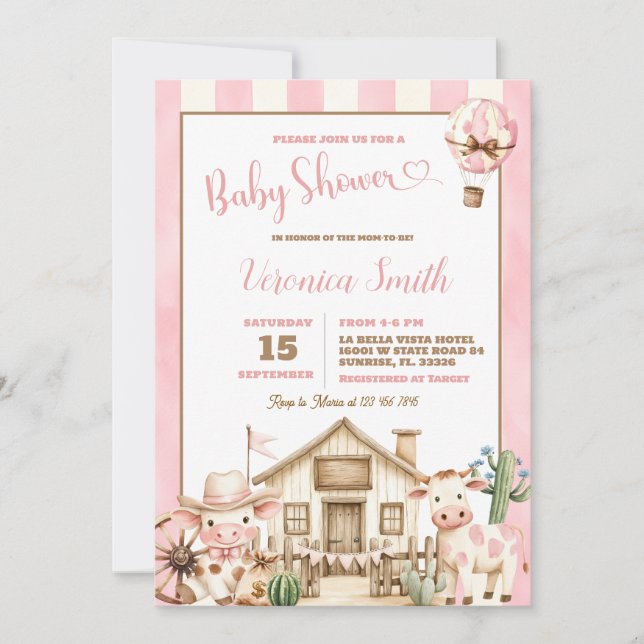 Convite Chá de Bebê Menina Cowboy Fofo Rosa Velho Oeste (Frente)