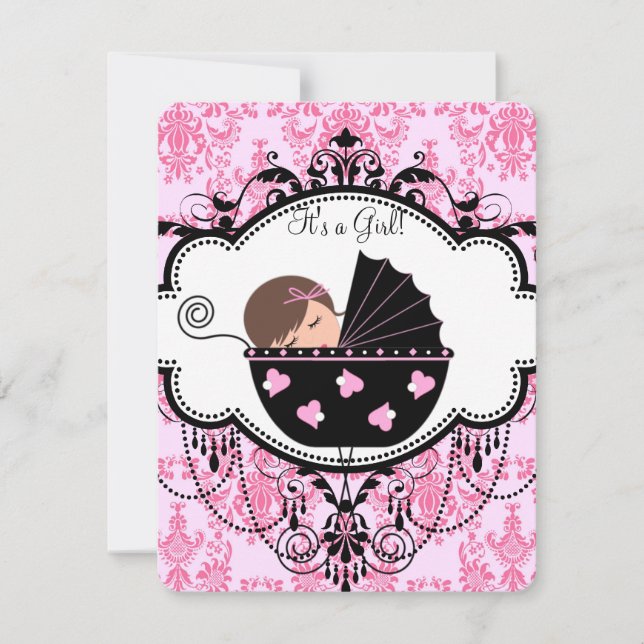 Convite Chá de Bebê Menina Damask Rosa (Frente)