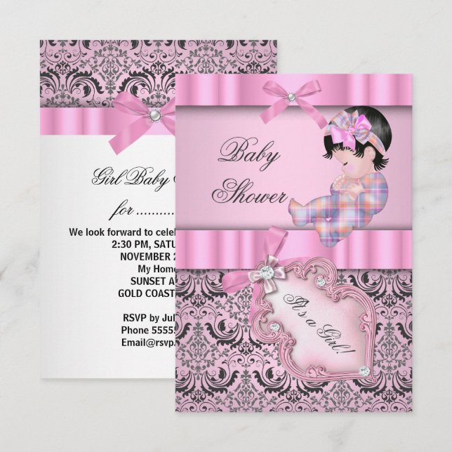 Convite Chá de Bebê Menina Damask Rosa Cinza (Frente/Verso)