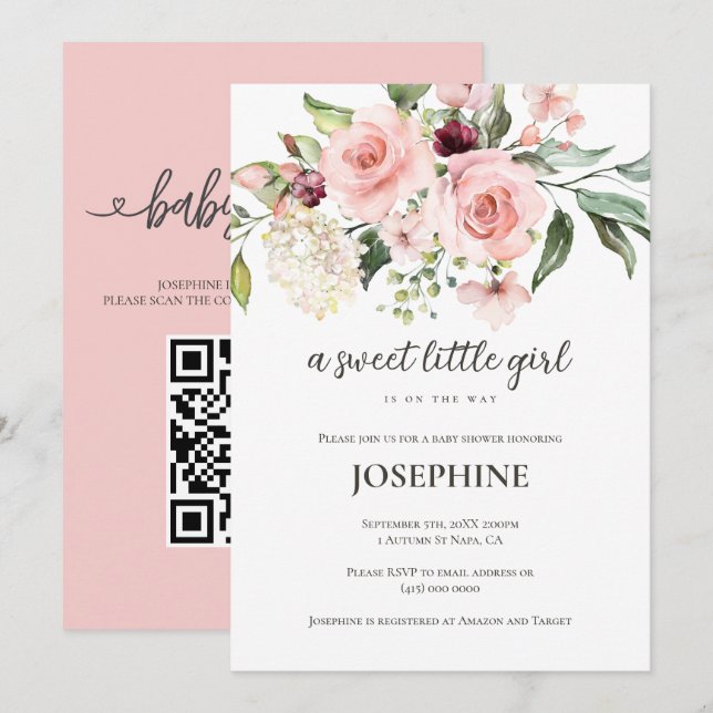 Convite Chá de Bebê Menina Doce com Floral Rosa (Frente/Verso)