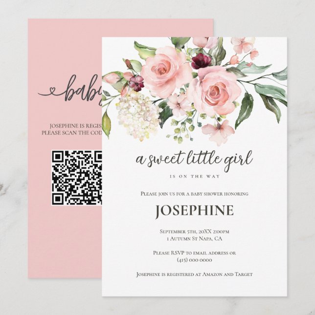 Convite Chá de Bebê Menina Doce com Floral Rosa (Frente/Verso)