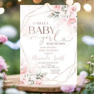 Convite Chá de Bebê Menina Doce Floral Rosa Elegante