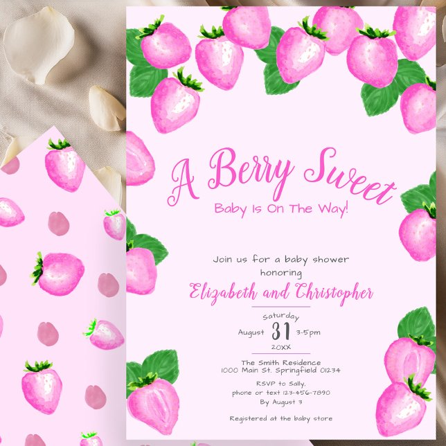Convite Chá de Bebê Menina Doce Morango Rosa Berry (Criador carregado)