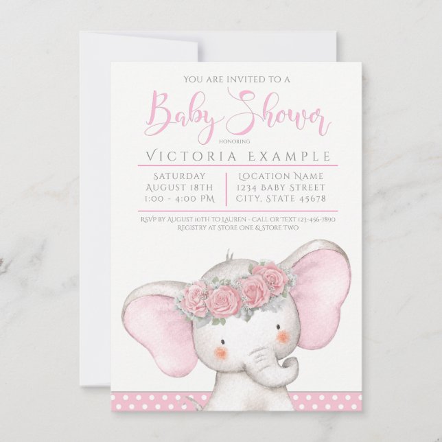 Convite Chá de Bebê Menina Elefante Adorável (Frente)