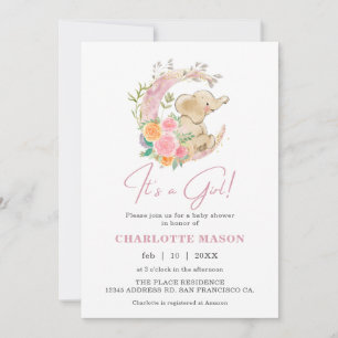 Convite Chá de Bebê Menina Elefante Floral Lua Fofa