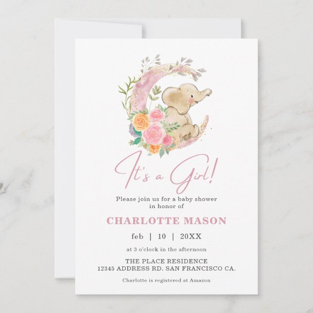 Convite Chá de Bebê Menina Elefante Floral Lua Fofa (Frente)