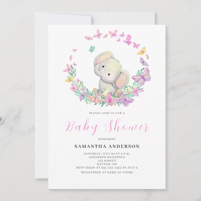 Convite Chá de Bebê Menina Elefante Fofa  (Frente)