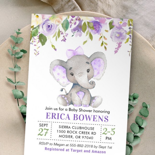 Convite Chá de Bebê Menina Elefante Lilás Lavanda Roxo (Criador carregado)
