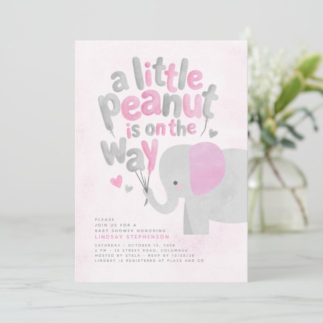 Convite Chá de Bebê Menina Elefante Rosa e Cinza (Em pé/Frente)